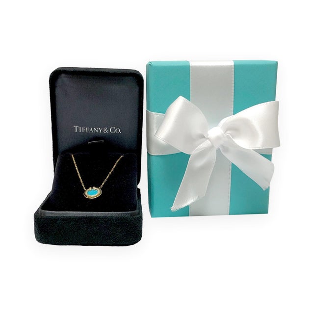 Blue Tiffany & Co. T Collection 18k Yellow Gold Turquoise and Diamond Necklace For Sale - Image 8 of 8