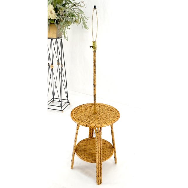 McGuire Bamboo Rattan c1970s 4 Legged Two Tier Round Side Table Floor Lamp For Sale - Image 4 of 10