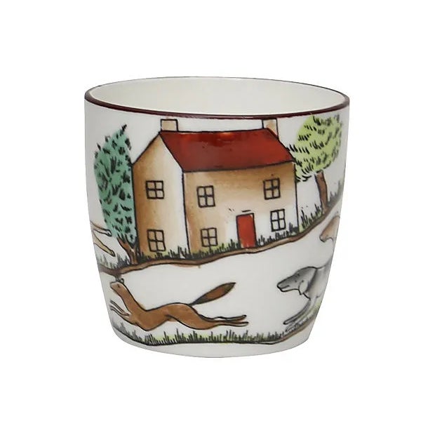 Crown Staffordshire China English "Hunting Scene" shot glass. Maker's mark. Light wear.