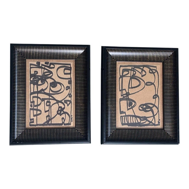 Two Contemporary Original Wayne Cunningham Abstract Marker Drawings - Set of Two For Sale
