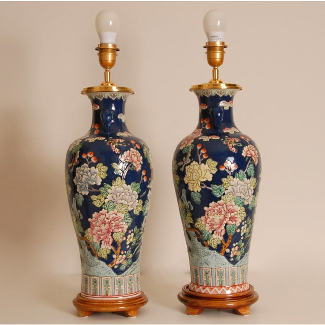 Vintage Famille Rose Vase Lamps Chinese Porcelain Blue Fond Table Lamps - a Pair For Sale - Image 6 of 14