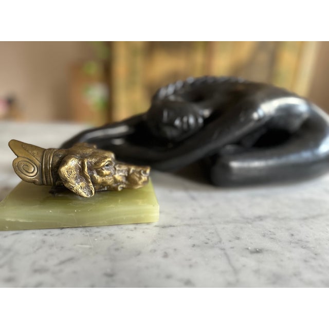 Metal Brass Dog Head Letter Clip on Green Onyx Base, Germany, 1920s For Sale - Image 7 of 13
