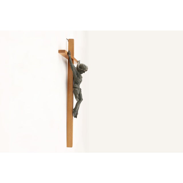 Forest Green Antique Realistic Wooden Crucifix, France, 1850 For Sale - Image 8 of 10