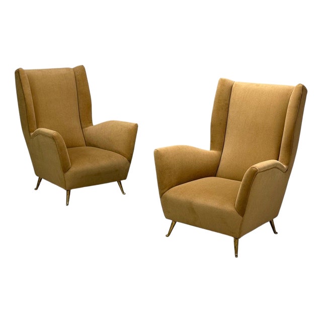 Isa Bergamo, Camel Velvet, Bronze, Wingback Chairs, Italy, 1950s For Sale