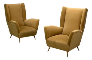 Isa Bergamo, Camel Velvet, Bronze, Wingback Chairs, Italy, 1950s