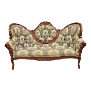 Late 20th Century Vintage Victorian Style Cherry Wood Floral Tapestry High Cameo Back Sofa