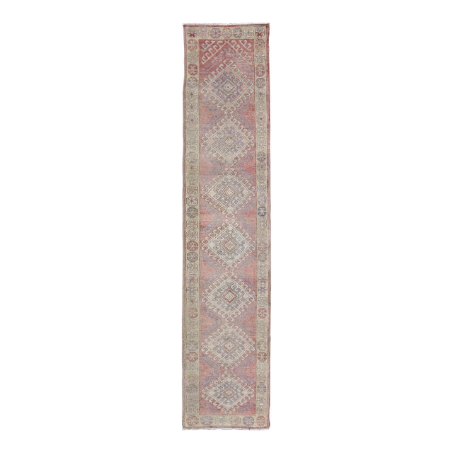 Vintage Turkish Oushak Runner in Soft Rose, Pale Blue, and Faded Ivory 2'11 X 14'3 For Sale