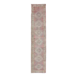 Vintage Turkish Oushak Runner in Soft Rose, Pale Blue, and Faded Ivory 2'11 X 14'3