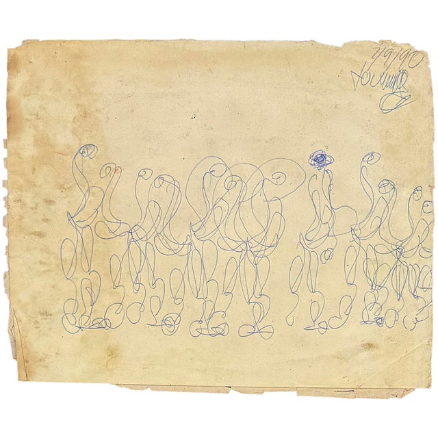 Original drawing on paper. Hand signed and dated on front by Purvis Young. Paper size: 9.25 x 11.25 inches. Frame size:...