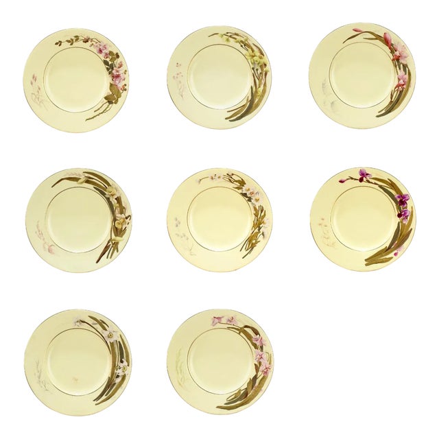 Set of 8 Antique Worcester Porcelain Cabinet Plates With Raised Enamel Flowers For Sale