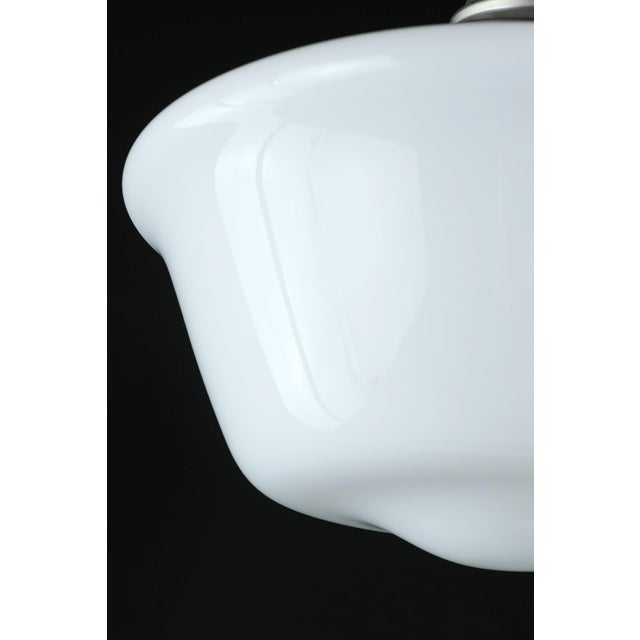 Traditional 1940s Opaline Glass Schoolhouse Brushed Steel Pendant Light For Sale - Image 3 of 8