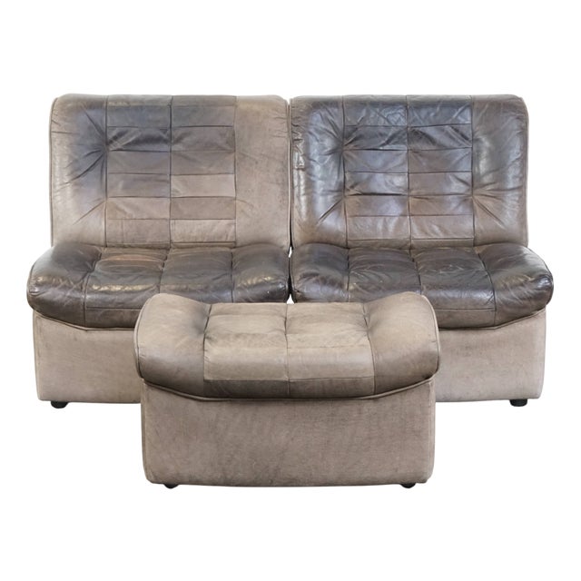 Grey Leather Modular Sofa and Ottoman, 1970s, Set of 3 For Sale