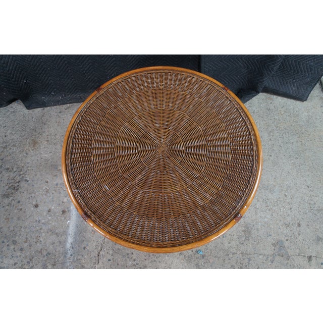 Mid 20th Century Mid Century Bohemian Round Woven Bamboo Rattan Coffee Table 38" For Sale - Image 4 of 11