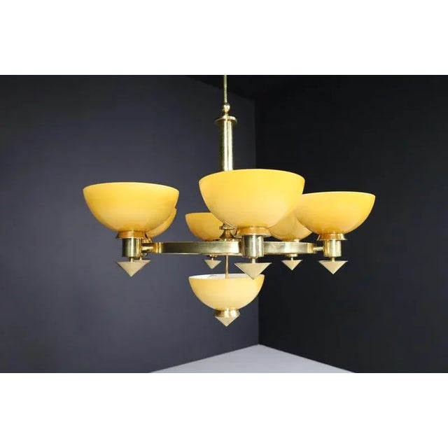 Sculptural Italian Chandelier in Brass & Amber-Gold Opaline Glass, 1970s For Sale - Image 6 of 11