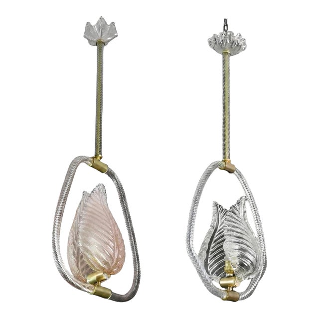 1950s Pink and Trasparent Murano Glass Chandelier by Barovier E Toso - Set of 2 For Sale