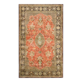 1940s Orange Salmon Medallion Vintage Persian Silk Qum Rug 4' 6'' X 7' 6'' Handknotted Wool Carpet For Sale