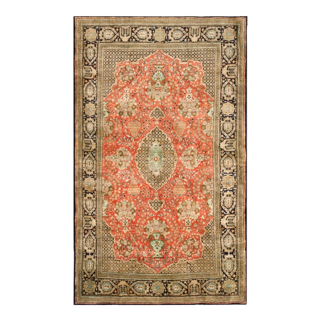 1940s Orange Salmon Medallion Vintage Persian Silk Qum Rug 4' 6'' X 7' 6'' Handknotted Wool Carpet For Sale