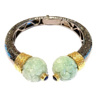 Bochic “Orient” Vintage Bangle Set 18K Gold & Silver with Vintage Carved Jade For Sale