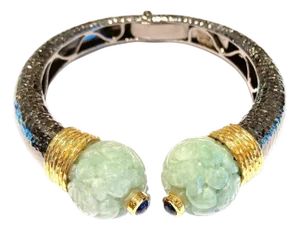 Bochic “Orient” Vintage Bangle Set 18K Gold & Silver with Vintage Carved Jade