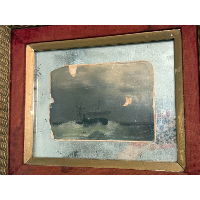 Glass Early 20th Century Miniature Ship at Sea Oil Painting For Sale - Image 7 of 9