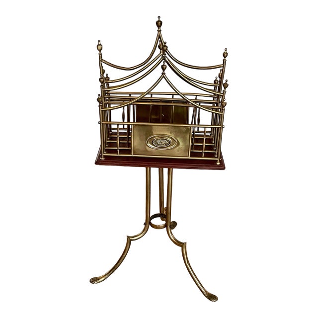 Edwardian Hall Bm Brass & Mahogany Revolving Newspaper/Magazine Rack – English Canterbury For Sale
