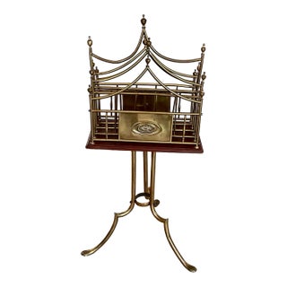 Victorian / Edwardian Hall Bm Brass & Mahogany Revolving Magazine Rack – English Canterbury For Sale