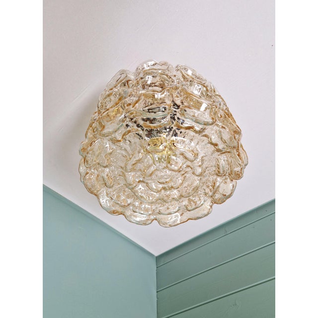 Metal Vintage Ceiling Light in Brass and Textured Amber Glass by Helena Tynell for Glashütte Limburg, 1960s For Sale - Image 7 of 18