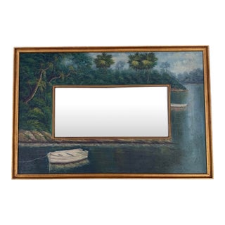 Vintage Hand-Painted Tropical Landscape Beveled Wall Mirror For Sale