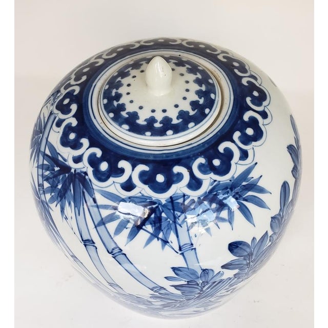 Blue Vintage Chinese Blue & White Porcelain Ginger Jar With Birds & Bamboo, Wood Stand For Sale - Image 8 of 10