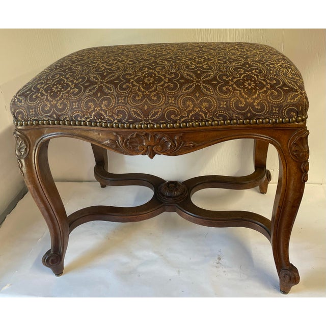 French Carved Wood Upholstered Bench For Sale - Image 4 of 10