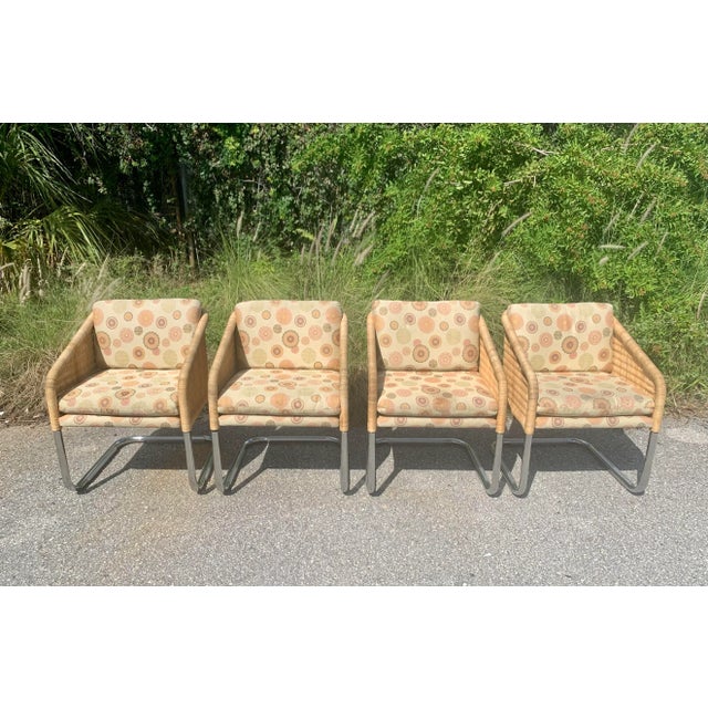 Harvey Probber Style Wicker and Chrome Cantilever Dining Chairs - Set of 4 For Sale In Miami - Image 6 of 12