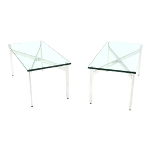 Rectangular Crome X Base 3/4" Glass Tops Coffee Side End Tables Stands - A Pair