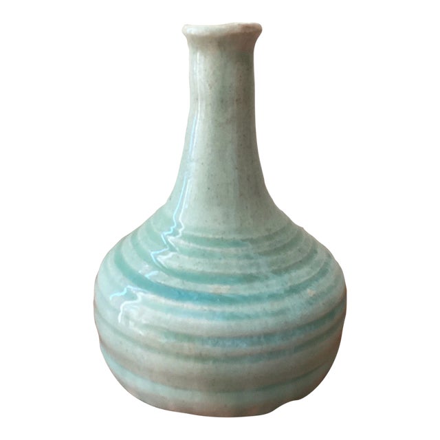 Antique Light Blue Glazed Ceramic Spirals Pattern Vase For Sale