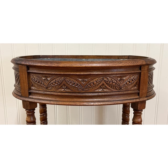 Antique French Oak Barley Twist Standing Planter Jardinière Liner C. 1930s For Sale - Image 12 of 17