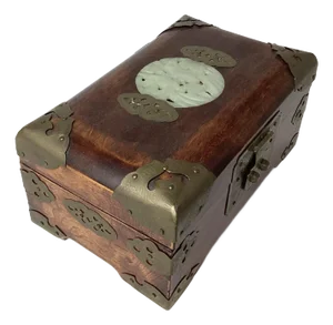 Mid 20th Century Small Chinese Jade Medallion Jewelry Wood Box With Brass Fittings