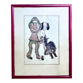 Large Early Rojankovsky Print Titled -" Pussycat Pussycat," Cat, Dog, Mice and a Moravian Chair For Sale