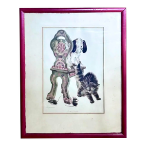 Large Early Rojankovsky Print Titled -" Pussycat Pussycat," Cat, Dog, Mice and a Moravian Chair