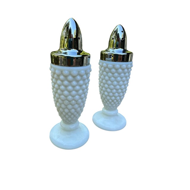 Mid-Century Modern White Milk Glass Hobnail Salt & Pepper Shakers- A Pair For Sale - Image 3 of 11