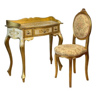 Vintage Italian Rococo Gold Giltwood Writing Desk Vanity W/ Chair For Sale