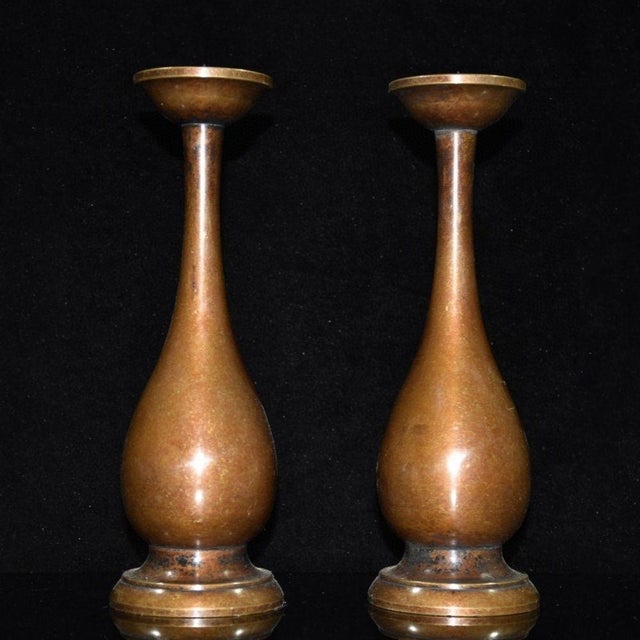 1960s Vintage Pair Solid Copper Tall Candlesticks, Elegant Pear Shape Stemmed Candle Holders, Chinoiserie Matching Altar Set For Sale - Image 5 of 9