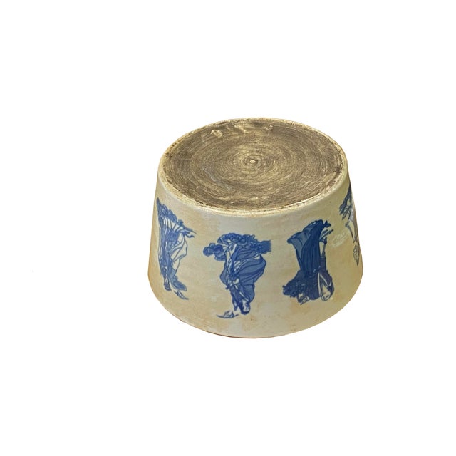 Ceramic Vintage Finish Off White Blue Immortal Graphic Porcelain Round Pot Planter For Sale - Image 7 of 8
