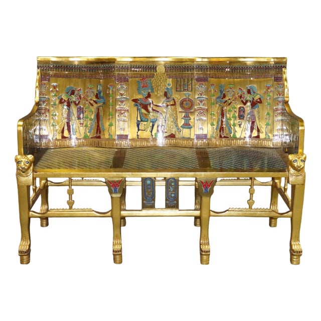 Unique Egyptian Revival Gilded Figural Bench With Carved Lions For Sale