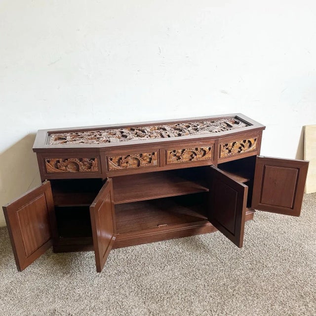 Asian Wooden Hand Carved Credenza For Sale - Image 4 of 9