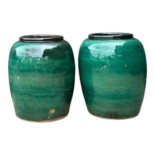 Vintage Green Glazed Earthenware Vessels - A Pair For Sale