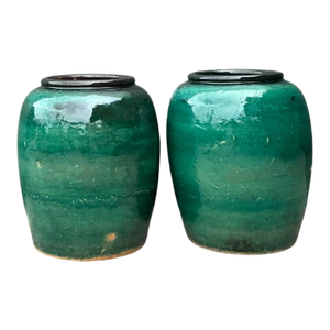 Vintage Green Glazed Earthenware Vessels - A Pair