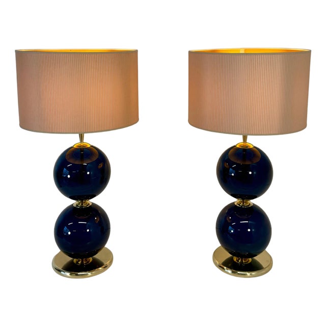 Murano Glass Lamps with Blue Spheres and Ivory Lampshades, Set of 2 For Sale