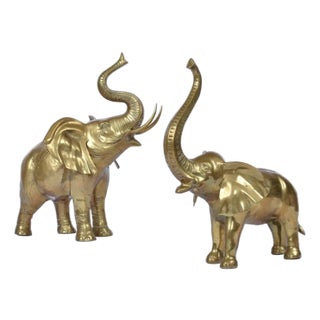 Pair of Large Brass Good Luck Elephant Sculpture Figures Over 2ft Tall For Sale
