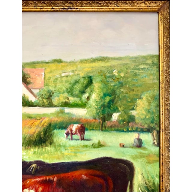 Late 20th Century Late 20th Century Realist Oil Painting, Shepherdess With Herd of Cows, Framed, 32"w For Sale - Image 5 of 6