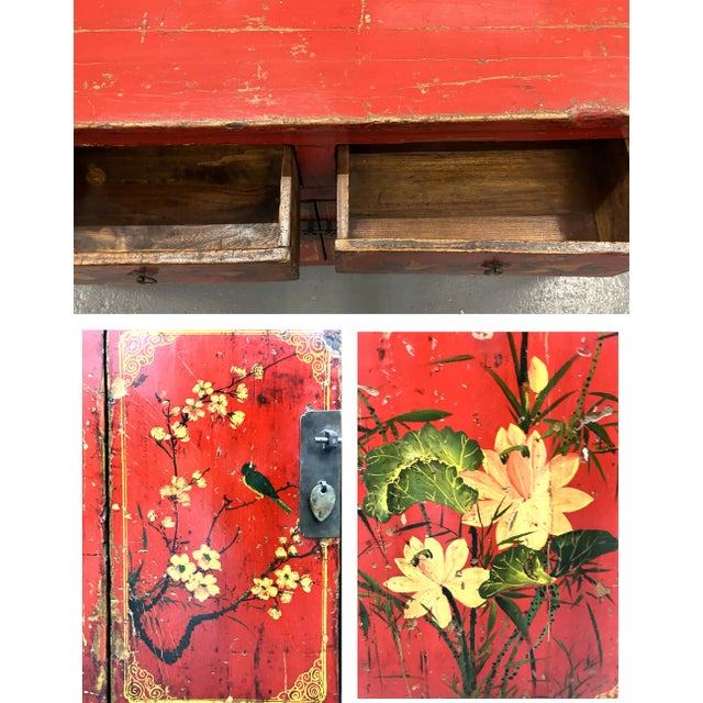 Mid 19th Century Antique Chinese Painted Red Lacquer Wedding Chest Sideboard For Sale - Image 10 of 11