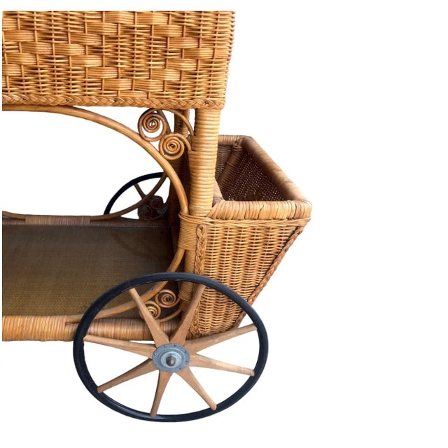 Rare Early 1900’s Heywood Wakefield Rattan & Cane Serving Tea Bar Cart For Sale - Image 11 of 12